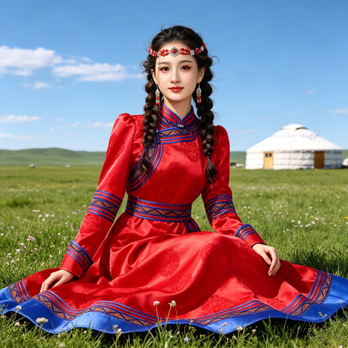 蒙古元素连衣裙民族风舞蹈演出服女士传统蒙古袍草原旅拍蒙古裙 - 图2