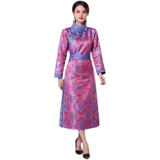 蒙古服装女长款传统蒙古袍手工盘扣蒙古族舞蹈演出服少数民族服饰