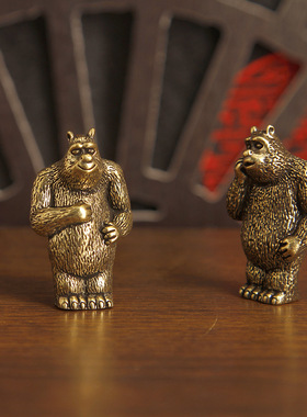 黄铜熊出没熊大熊二实心光头摆件