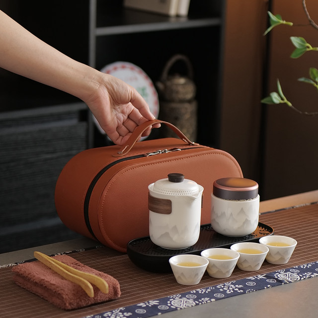 Outdoor camping white porcelain ink quick cup light luxury portable one pot four cup teapot travel tea set storage bag