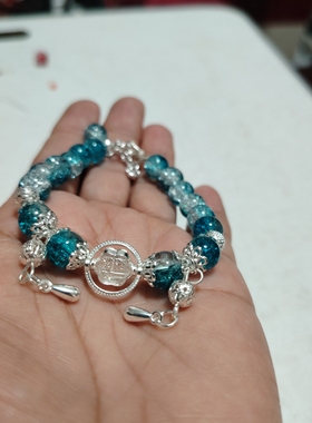 纯手工手链女款8mm蓝色琉璃爆花珠学生闺蜜情人节礼物