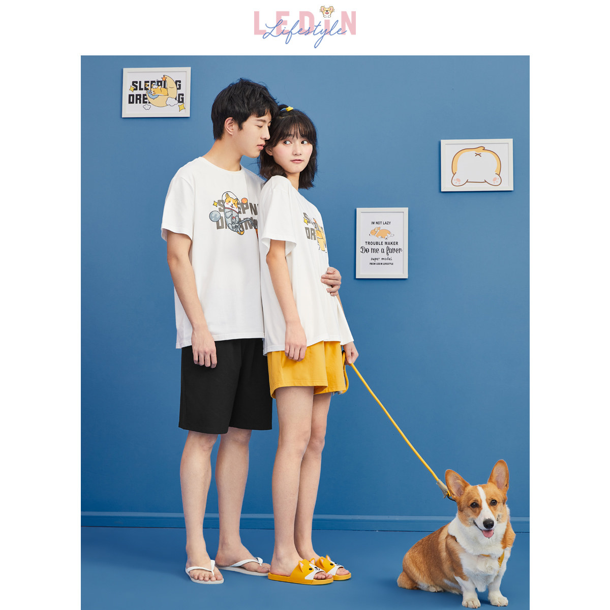 乐町情侣女夏可爱男士柯基印花睡衣 乐町内衣睡衣/家居服套装