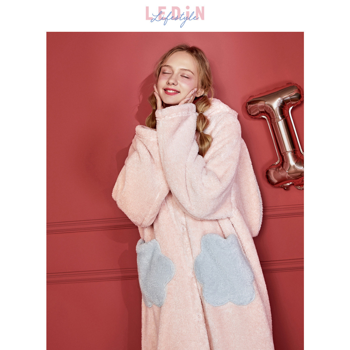 乐町兔耳朵秋冬长款晨袍家居睡袍 乐町内衣睡袍/浴袍