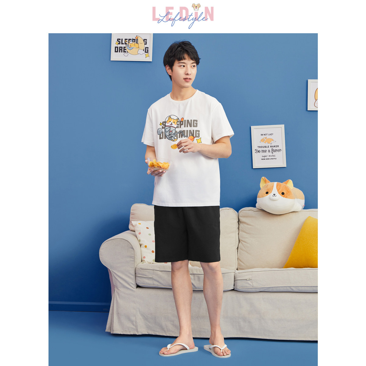 乐町情侣女夏可爱男士柯基印花睡衣 乐町内衣睡衣/家居服套装