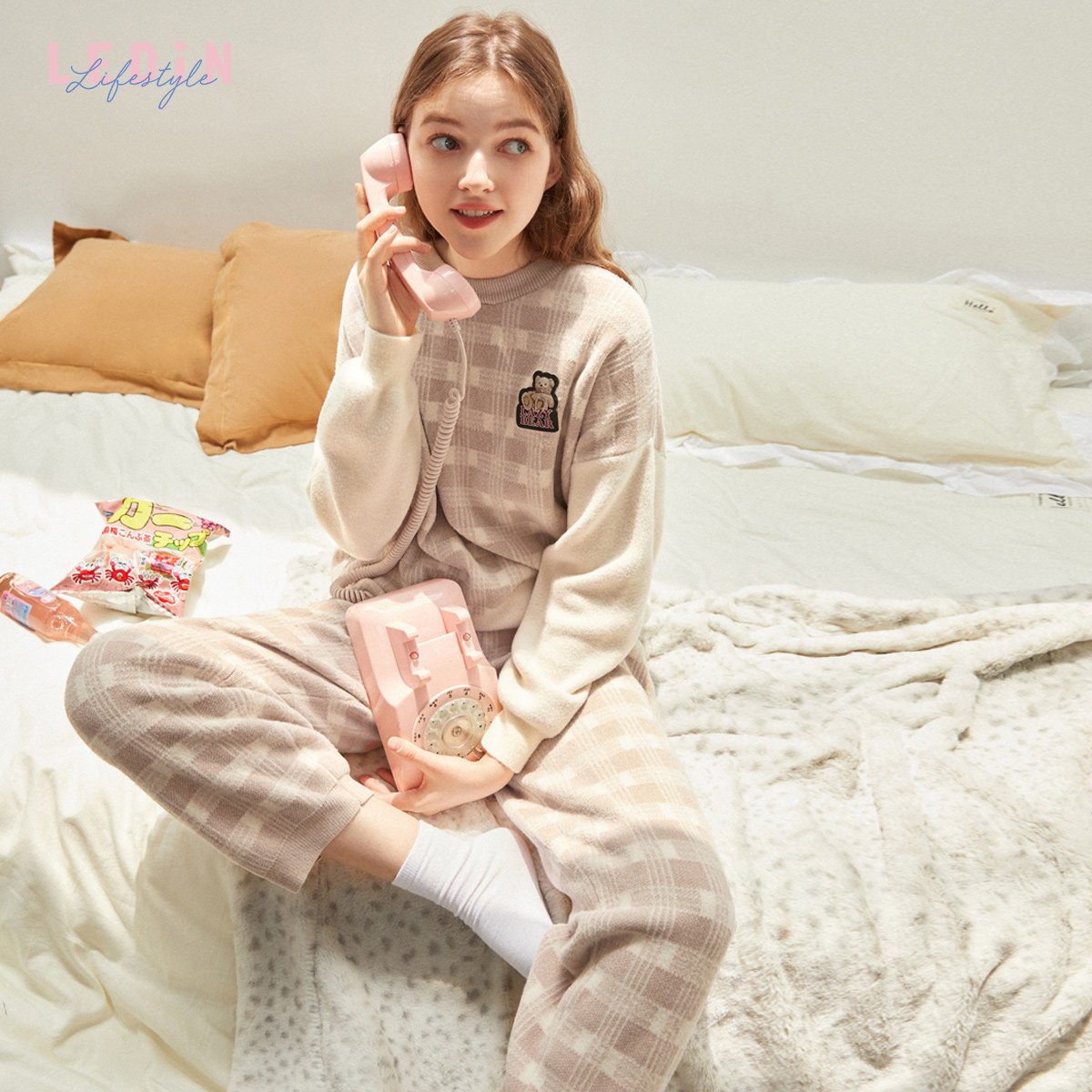 乐町春秋款毛织撞色家居服套装睡衣 乐町内衣睡衣/家居服套装