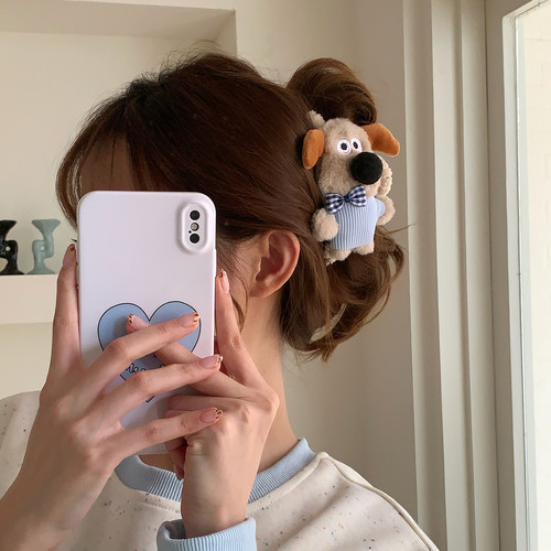 love puppy！小狗玩偶抓夹可爱少女心蝴蝶结AB面发抓鲨鱼夹发饰品 - 图0