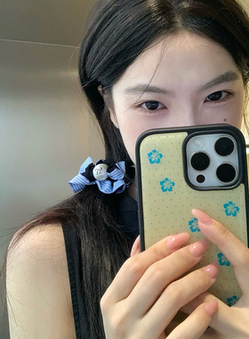 智系女友！蓝条纹花边珍珠小肠圈发绳精致蝴蝶结发圈头绳扎发皮筋
