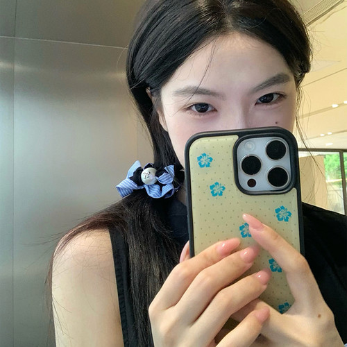 智系女友！蓝条纹花边珍珠小肠圈发绳精致蝴蝶结发圈头绳扎发皮筋 - 图1