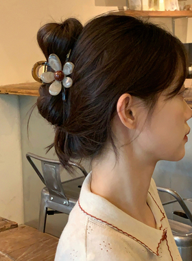 韩系复古晕染咖色花朵抓夹女鲨鱼夹发抓半扎盘发夹子发饰2026新款
