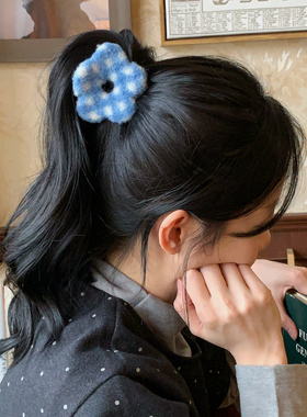 韩系彩色格纹毛呢花朵抓夹女甜美百搭发抓鲨鱼夹半扎盘发夹子发饰