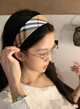 复古咖色格纹宽边发箍英伦学院风压发头箍增高颅顶发卡高级感发饰