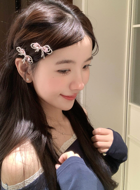 甜心粉！闪闪水钻蝴蝶结发夹韩系千金风刘海夹发卡侧边夹子发饰品