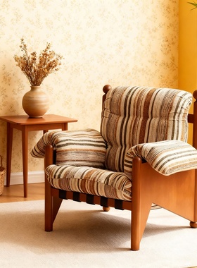 复古实木条纹手工雕刻单人沙发椅