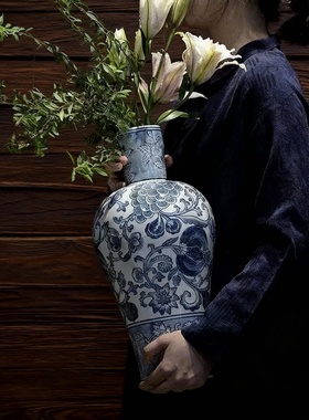 新中式青花瓷花鸟陶瓷花瓶