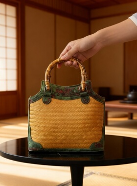 手工竹编香云纱复古手提包摆件