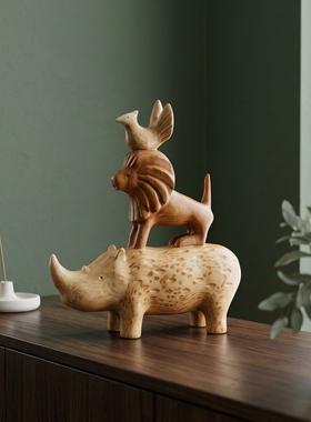 北欧风手工木雕动物摆件客厅装饰