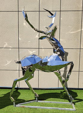 定制不锈钢鹿雕塑户外几何切面动物麋鹿镜面发光草坪装饰落地摆件