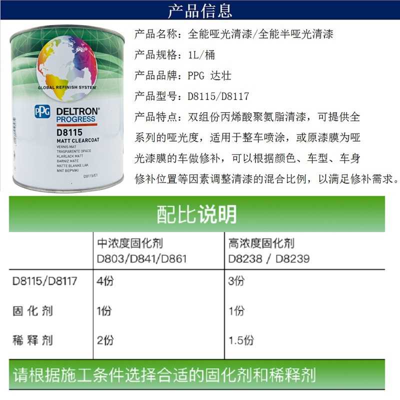 PPG8115全能哑光清漆进口达壮8117半哑光清漆D841固化剂磨砂光油 - 图1