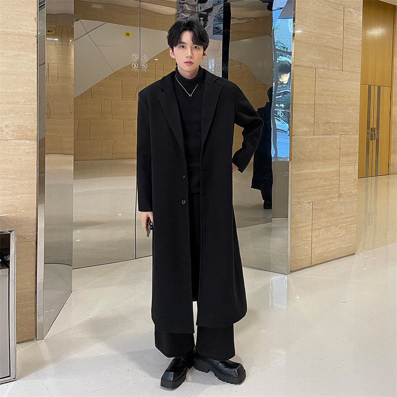 黑色中长款毛呢大衣男新款秋冬超长加棉外套高级感英伦风呢子风衣,淘宝优惠券,粉丝福利购,淘宝优惠卷