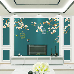 无纺布8D墙纸现代新中式花鸟壁画客厅卧室电视背墙壁纸玉兰花墙布