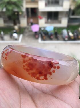 巴西纯天然红朱砂俏色玛瑙手镯对镯水润荧光加宽加厚女礼35