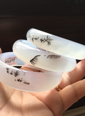 3款巴西纯天然白底灵性黑色水草玛瑙手镯水墨风情女生日礼物64