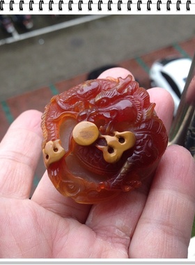 天然原石红玛瑙龙形吊坠纯手工雕刻男女同款配送玛瑙珠链正品37