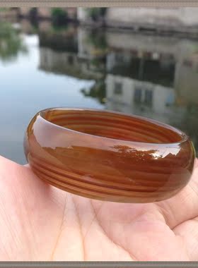 原石无烧纯天然焦糖色缠丝玛瑙手镯加宽加厚水润特色女士手环礼74