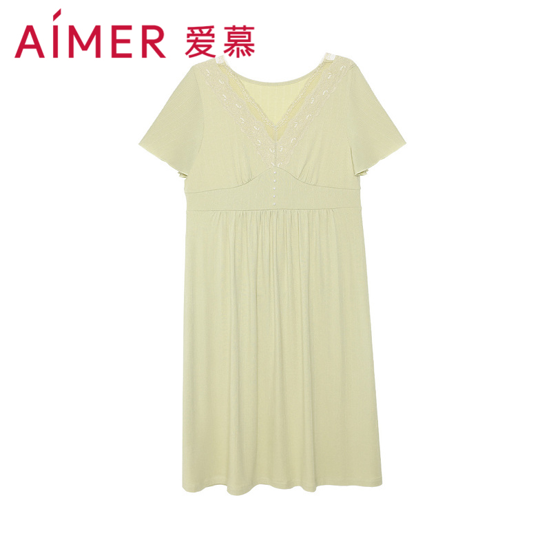 爱慕睡衣女夏季可外穿蕾丝深V领家居服胖MM大码短袖睡裙AM447131