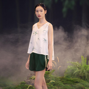 爱慕皇锦真丝印花斜纹缎女睡衣无袖背心短裤分身套装-竹韵HJ21455