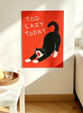 可爱治愈ins趣味慵懒黑白奶牛猫插画卧室宿舍咖啡店墙面装饰画芯