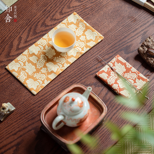 知舍原创葡萄纹全棉茶巾手帕 茶道茶配手工布艺中国色传纹样4色入 - 图0