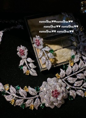 帕帕拉恰山茶花石项链  古董感镀18K金 大马士革玫瑰花锆石耳环