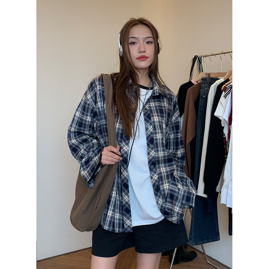 Loose Korean long-sleeved plaid jacket