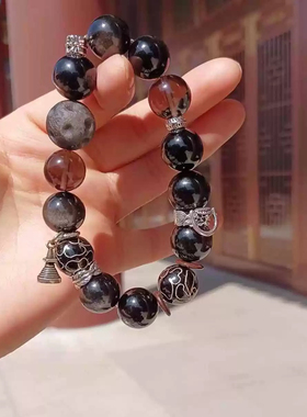 北京法物流通处正品黑银曜石手链男款景泰蓝珐琅手串女友生日礼物
