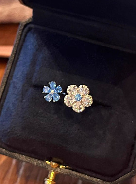 爆闪双头花蓝满钻戒指开口指环