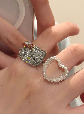 可爱满钻kt猫戒指叠戴爱心镂空