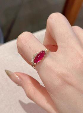 格调小红书爆款日系高级宝石椭圆粉水滴戒指显白气质百搭食指戒指