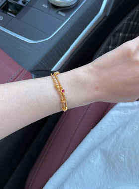 老钱风精致复古红宝闪钻吊坠手链