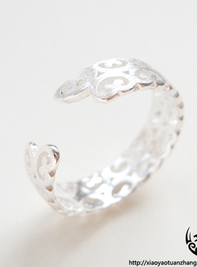 925纯银戒指开口宽面镂空花纹可
