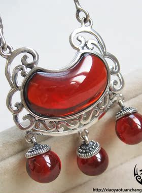 925纯银项链泰吊坠酒红石榴长命