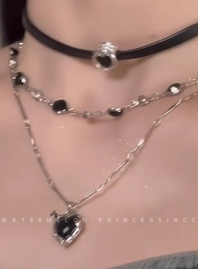 爆款爱心多层叠戴项链女辣妹甜酷黑皮绳链锁骨链choker颈链批发