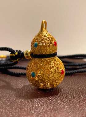 S925纯银镂空花丝葫芦编绳项链女新中式宫廷风珐琅葫芦吊坠毛衣链