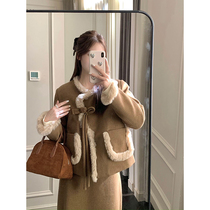 U 77 New Chinese splicing imitation fur small fragrant wind suit Female down liner short jacket High waist and half body dress Two sets