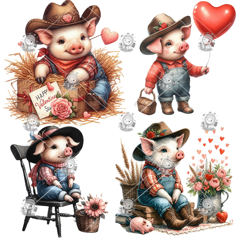 复古情人节农场猪手绘水彩动物剪贴画插图PNG免抠设计素材高清新 - 图3