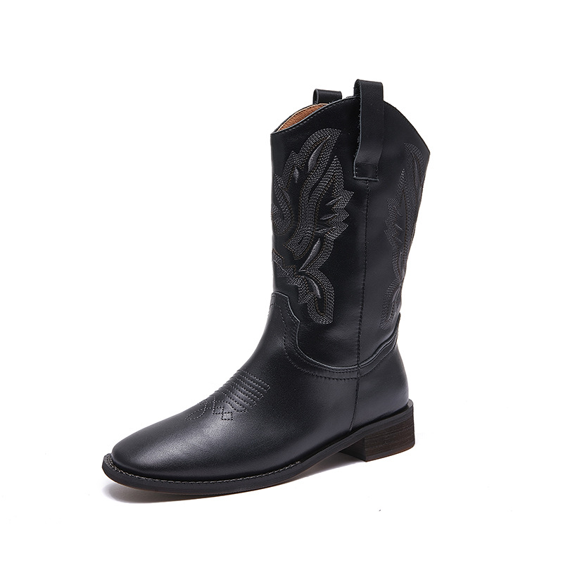 西部牛仔靴女休闲真皮马丁靴女2024新款黑色复古长筒绣花骑士靴女 - 图3