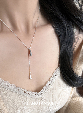 方糖家银色拉丝水滴抽拉闪珠项链