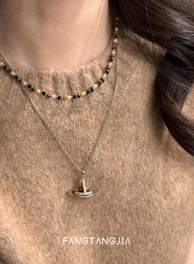 方糖家虎眼石串珠土星项链