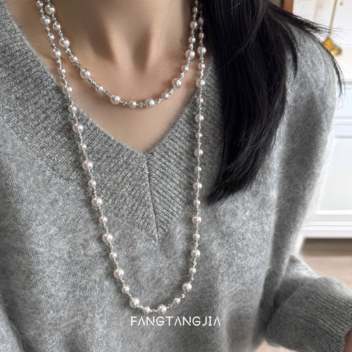 方糖家 温柔秋冬曼塔玫瑰珍珠满天星长款毛衣链轻奢高级感项链女 - 图2