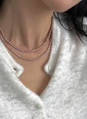 稀有强光粉紫天然小米粒珍珠项链